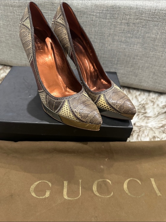 Gucci Shoes - GUCCI Brown PURE SNAKE SKIN Pointed Toe Platform Pumps W/gold GUCCI